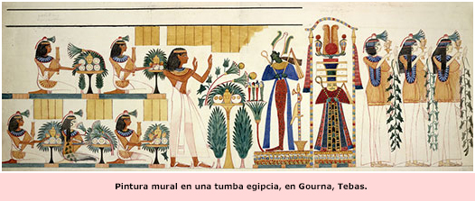 Pintura mural en una tumba egipcia, en Gourna, Tebas. La imagen ha sido liberada al dominio público por The British Library.