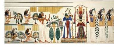 Pintura mural en una tumba egipcia, en Gourna, Tebas. La imagen ha sido liberada al dominio público por The British Library.